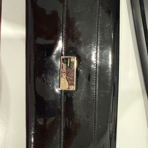 Jimmy Choo Black Patent Clutch with Gold Nameplate